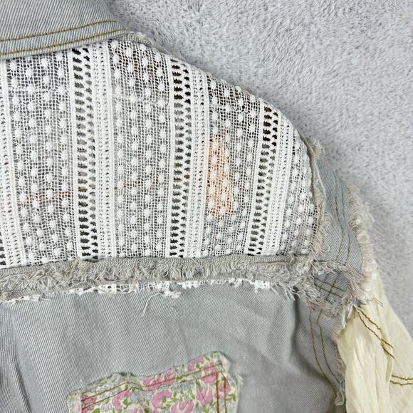 POL Patchwork Lace Denim Distressed Boho Jacket Chic Cottagecore Oversized Med - Picture 5 of 9